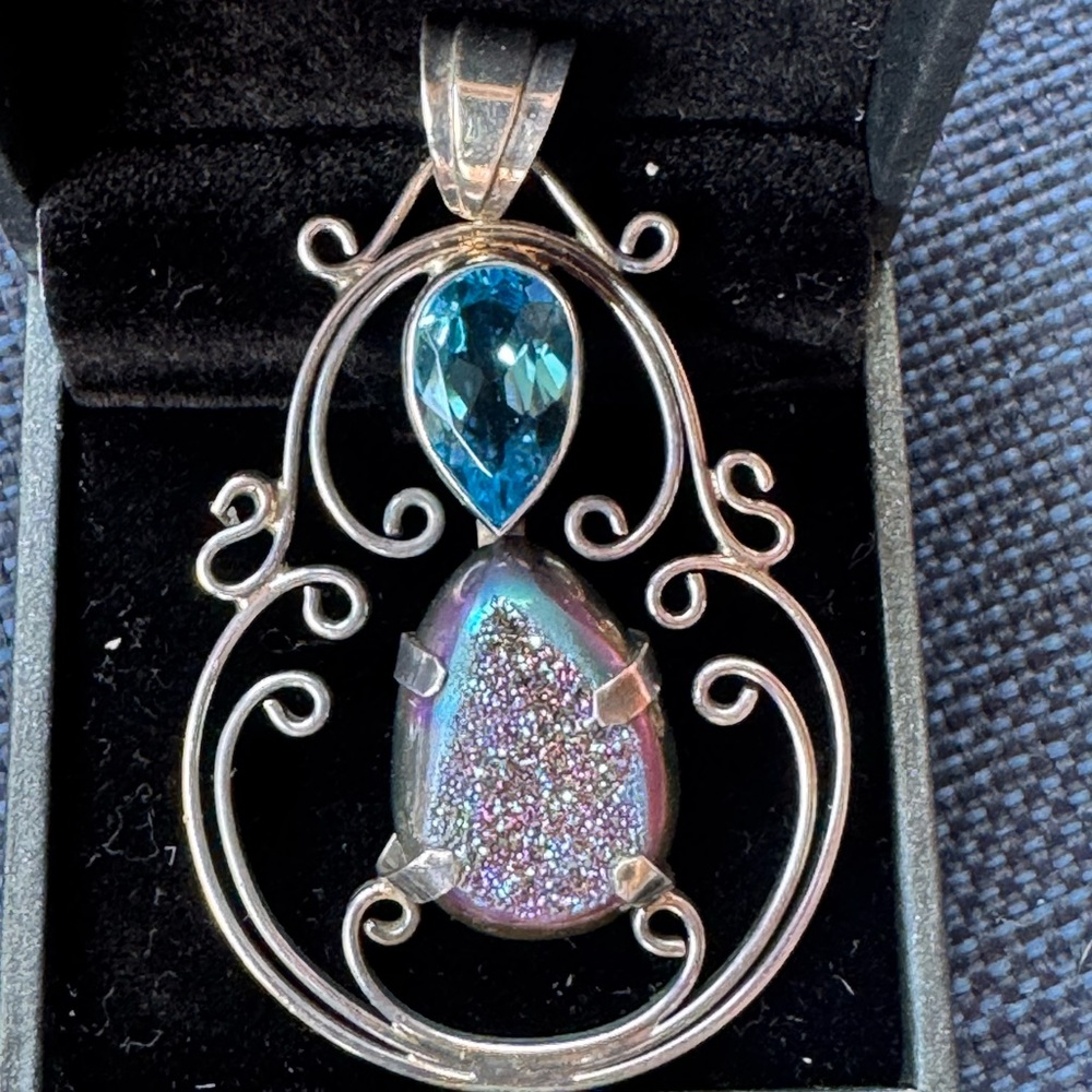 Vintage Sterling Silver Blue Aquamarine and Quartz Pendant